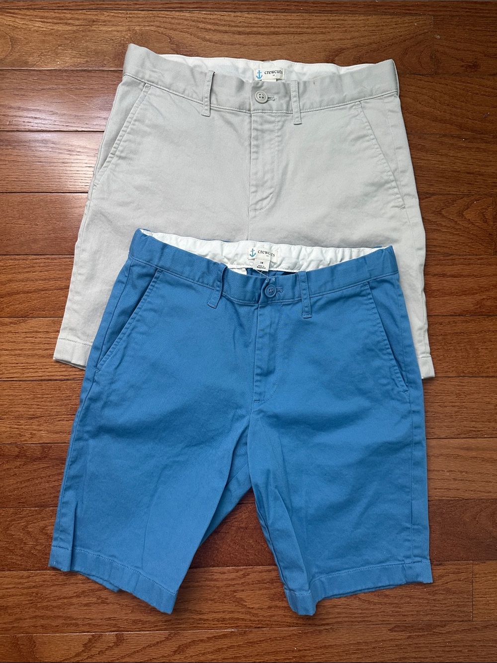 Crewcuts Boys Chino Shorts in Surf Blue and Light Khaki